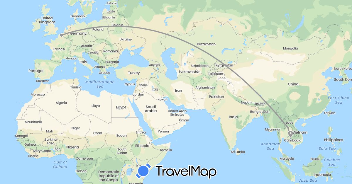TravelMap itinerary: driving, plane in France, Cambodia, Laos (Asia, Europe)